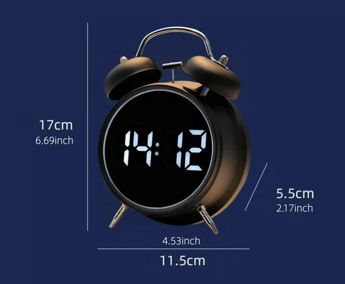 Vista 5 de Pequeño reloj despertador electrónico LED de doble campana, reloj despertador de metal ruidoso para dormir pesado, reloj despertador digital