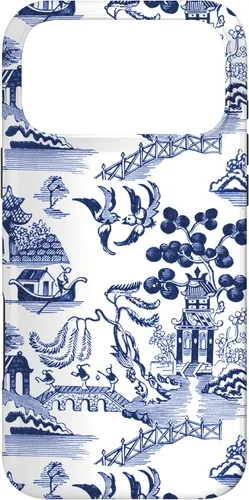Vista 21 de iPhone 14 Pro Preppy Azul y Blanco Willow Patrón Chinoiserie Toile Case