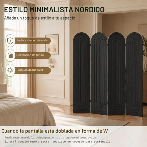 Vista 2 de Divisor de habitación y pantalla plegable de privacidad, 4 paneles de pared de madera arqueada, separadores para separación de habitaciones 4