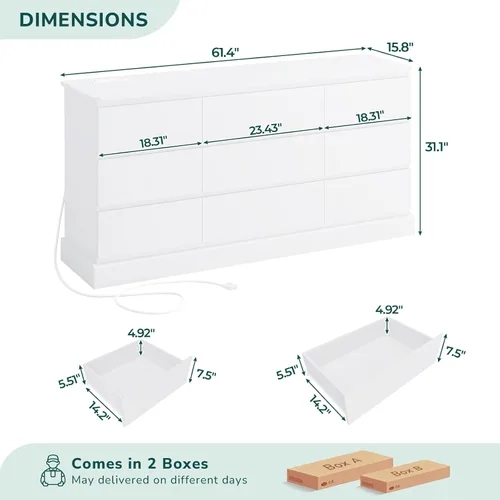 Vista 10 de Hasuit Cómoda Blanca Moderna para Dormitorio con 9 Cajones, Cómodas de 61.4" de Ancho Cajonera con Almacenamiento de Gran Capacidad, Cómoda Larga