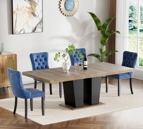 Vista 25 de Juego de mesa de comedor extensible de 5 piezas con 4 sillas de tela, mesa extensible marrón con base negra, juego moderno de comedor de madera