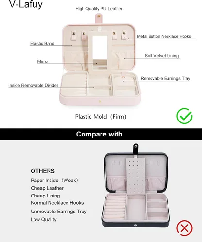 Vista 4 de V-LAFUY Organizador de viaje de joyería, joyero de viaje, organizador de joyas de viaje, cajas de joyería de viaje para mujeres, joyero portátil