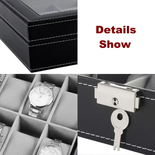 Vista 5 de Caja de reloj con 12 ranuras para reloj, organizador con parte superior de cristal, caja de almacenamiento de reloj negra para hombres y mujeres