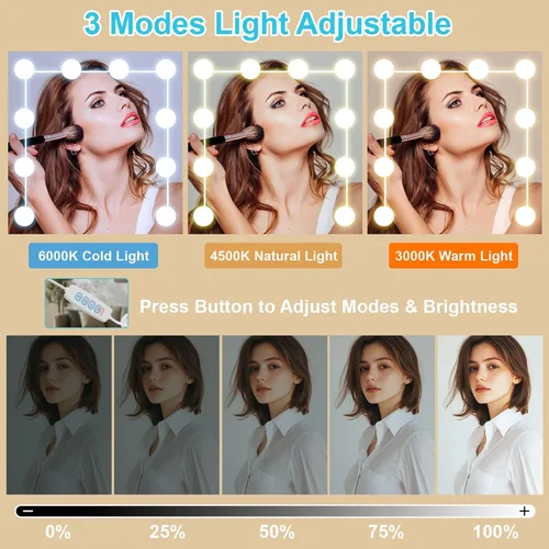 Vista 6 de Escritorio negro con espejo iluminado LED de 10 bombillas, mesa de tocador de maquillaje con asas de cristal, 6 cajones y taburete, tocador