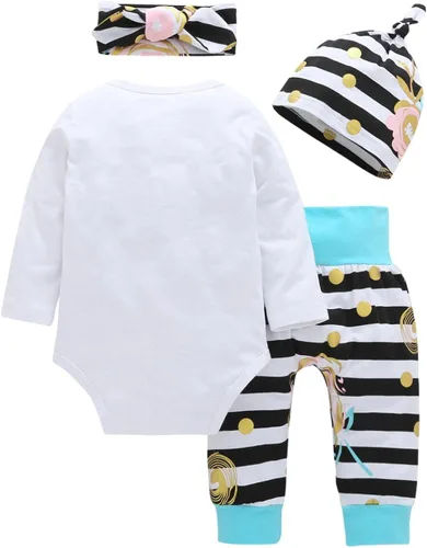 Vista 2 de OUTGLE Mameluco blanco para bebé recién nacida + pantalones de rayas + sombrero + diadema para otoño e invierno