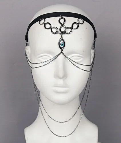Vista 3 de L'VOW Diadema con borlas de metal, velo Cyborg, máscara de cadena facial para fiesta de rock, traje de rave, joyería para mujeres y hombres