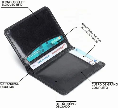 Vista 6 de FOXHACKLE Tarjetero de cuero de grano completo para hombres y mujeres, billetera delgada y plegable con bloqueo RFID, bolsillo frontal delgado Negro