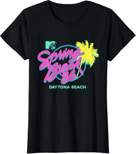 Vista 45 de MTV Camiseta de cuello redondo de ajuste clásico - Spring Break Daytona Beach, negro, adulto, manga corta, algodón y poliéster
