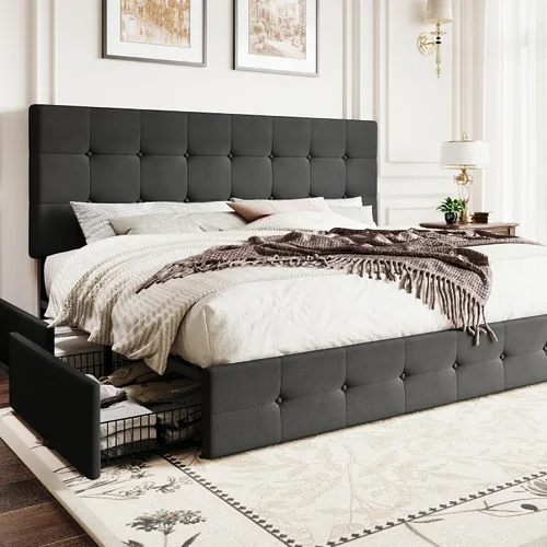 Vista 28 de SHA CERLIN Base de cama de plataforma tamaño matrimonial tapizada con 4 cajones de almacenamiento, cabecero ajustable con diseño cosido en cuadrados