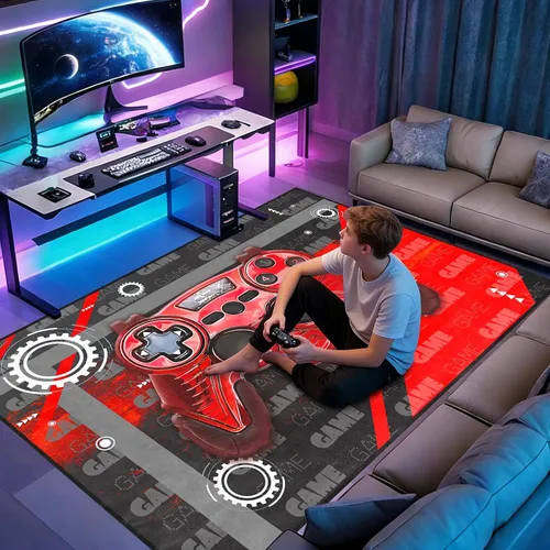 Vista 6 de Alfombra de suelo con estampado de videojuegos 3D para niños, alfombra pequeña roja para dormitorio, tapete de piso para habitación de niños