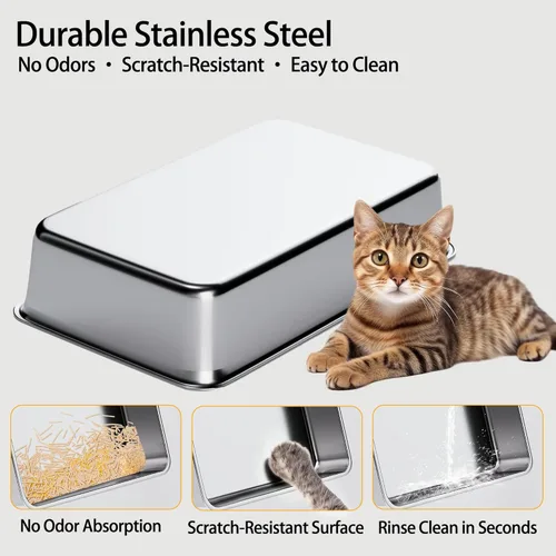Vista 5 de XL - Caja de arena para gatos grandes de acero inoxidable con tapa High sides, stainless pan, flip-top lid, step, mat, scoop, filter; for large