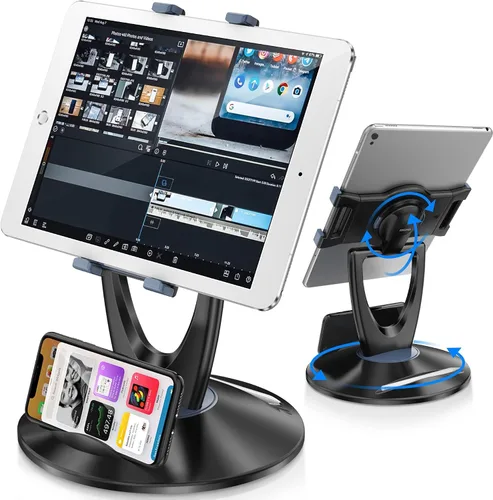 Vista 12 de Soporte para tablet iPad para escritorio, de 6 a 13 pulgadas, estable, ajustable, ángulo giratorio de 360°, soporte para iPad, para tienda, quiosco