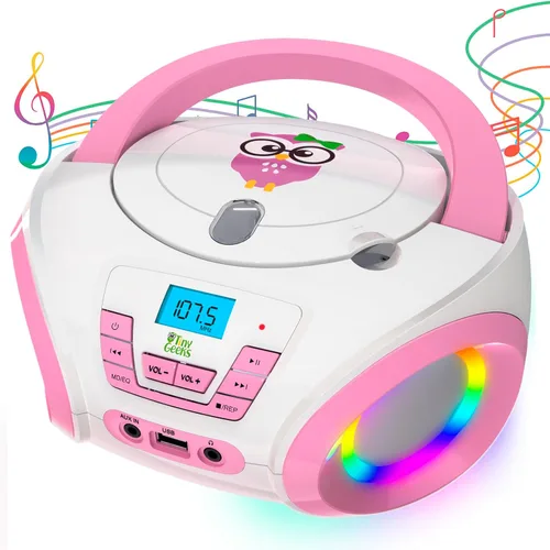 Vista 8 de TinyGeeks Tunes Reproductor de CD para niños Boombox - NUEVO 2023 - Radio FM - Baterías incluidas - Linda radio CD blanca con altavoces para niños