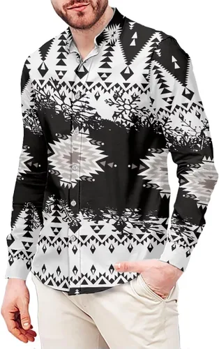 Vista 14 de Camisas aztecas grandes y altas para hombre, diseño étnico azteca tribal del suroeste, camiseta delgada de manga larga con botones