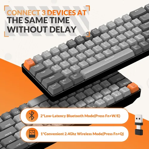 Vista 4 de MAGIC-REFINER RK68 Teclado mecánico inalámbrico 60%, Bluetooth 5.02.4GHz con receptor 2 en 1 de modo dual, teclado ergonómico compacto de 68 teclas