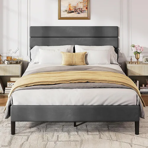 Vista 19 de WLIVE Base de cama tapizada, marcos de cama individual con cabecero, cama de plataforma con listones de madera, base de colchón de 600 libras,