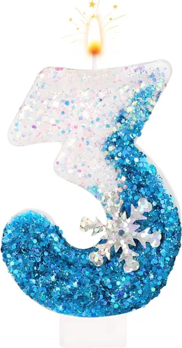 Vista 10 de Velas de cumpleaños del 0 al 9, velas de números con purpurina de copo de nieve, decoración de pasteles blancos y azules para niños y adultos