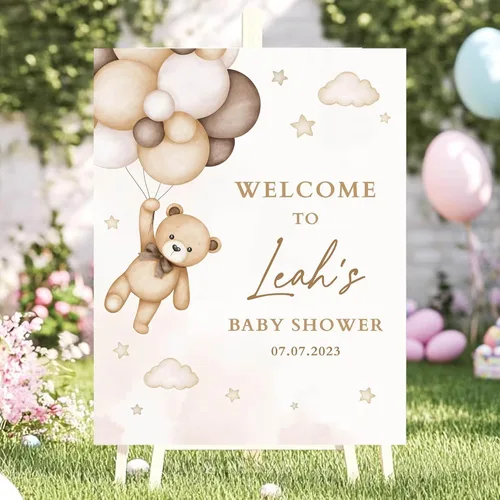Vista 24 de Letrero de bienvenida con texto en inglés «We Can Bearly Wait Baby Show» para niño, tema de globo de oso de peluche azul Style#1