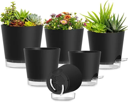 Vista 16 de Macetas de riego automático de 7 pulgadas, paquete de 6 macetas de plástico con agujeros de drenaje y platillos transparentes, macetas de plástico