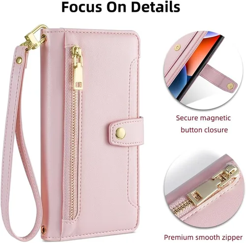 Vista 6 de Asuwish Funda de teléfono para Google Pixel 6 Pro Wallet Cover y protector de pantalla con cremallera para tarjetero, soporte de ranura de cuero Oro