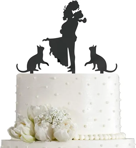 Vista 4 de Decoración para tarta de boda - Novia sosteniendo al novio con flores junto a 2 perros de mascota silueta decoración de tarta (Negro)