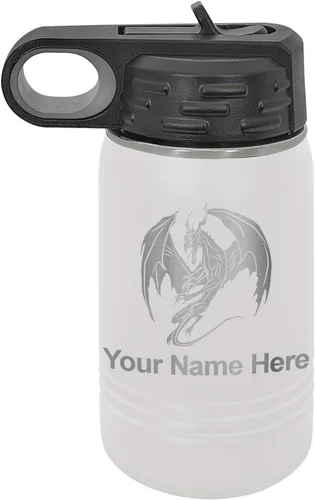 Vista 11 de LaserGram Botella de agua con tapa abatible de doble pared de 12 onzas con pajilla, dragón, grabado personalizado incluido (negro)