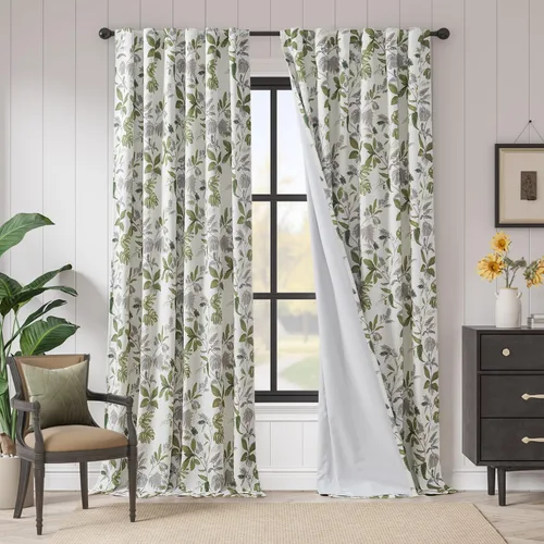 Vista 12 de Jinchan Cortinas de lino para sala de estar de 63 pulgadas de largo, con estampado de hojas tropicales, cortinas botánicas de lino estilo rústico