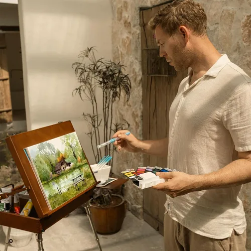 Vista 6 de MEEDEN Juego de pintura de acuarela de viaje: kit de pintura portátil de 42 colores de agua surtidos con 4 pinceles