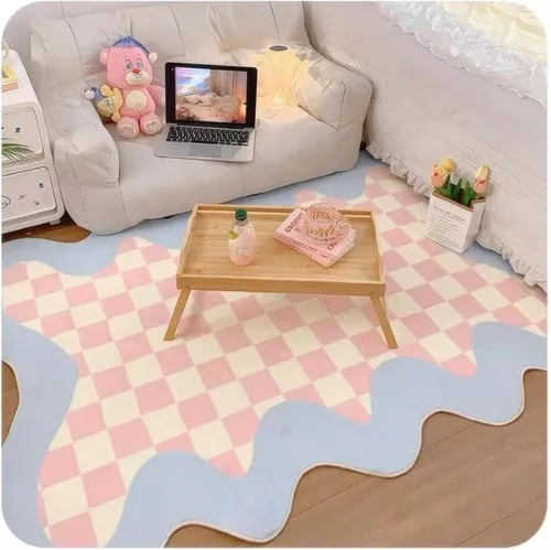 Vista 19 de Alfombra de área irregular morada, una alfombra decorativa moderna y simple impresa con patrones de tablero de ajedrez morado y blanco, tapete