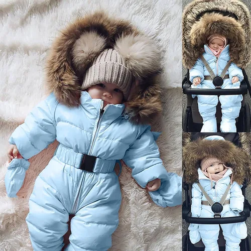 Vista 2 de JMMSlmax Traje de nieve para bebés, chaqueta con cinturón ajustable con capucha para niñas, abrigo cálido para niñas