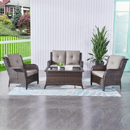 Vista 44 de HUMMUH Juego de 2 sillas de mimbre para patio, sillas de comedor de ratán de polietileno para exteriores, con cojines de asiento de 4 pulgadas