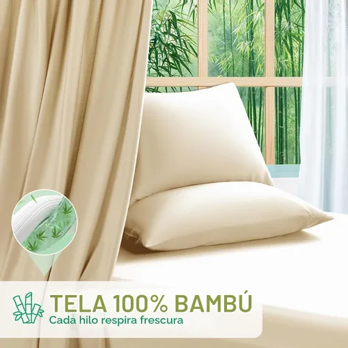 Vista 2 de SONORO KATE Sábanas 100% viscosa derivada de bambú tamaño matrimonial, sábanas ultra transpirables y refrescantes para personas que duermen con Beige