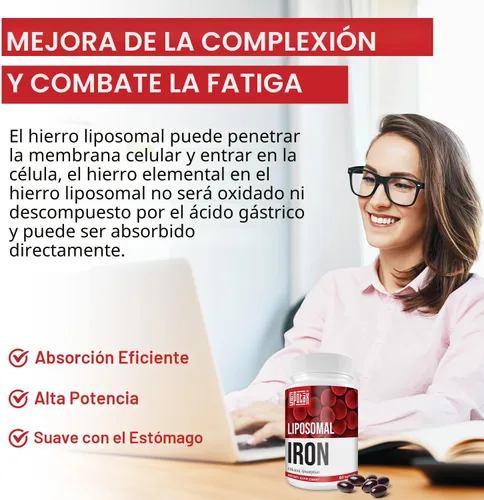 Vista 5 de Suplemento liposomal de hierro Fe para mujeres, suplemento de hierro de 65 mg con ácido fólico y vitamina B12 para hombres, apoyo diario de sangre
