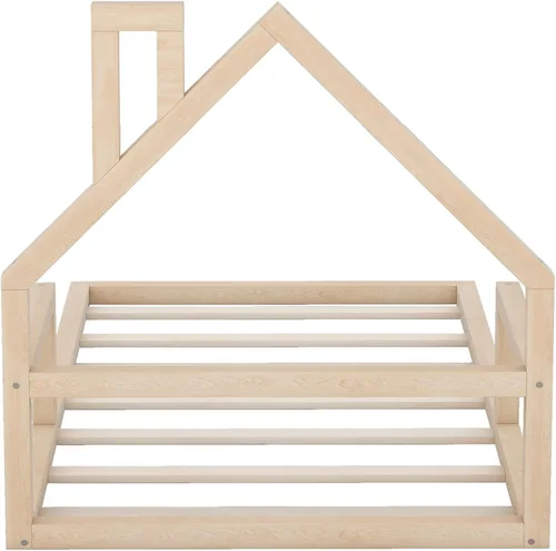 Vista 8 de Quarte Cama de suelo de madera de tamaño individual con cabecera en forma de casa, marco de cama de plataforma de madera para dormitorio,