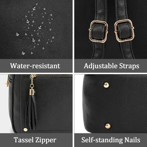 Vista 5 de Mini mochila antirrobo para mujer, bonita mochila escolar para adolescentes y niñas con cremallera segura y borla, Negro, Mochilas de viaje