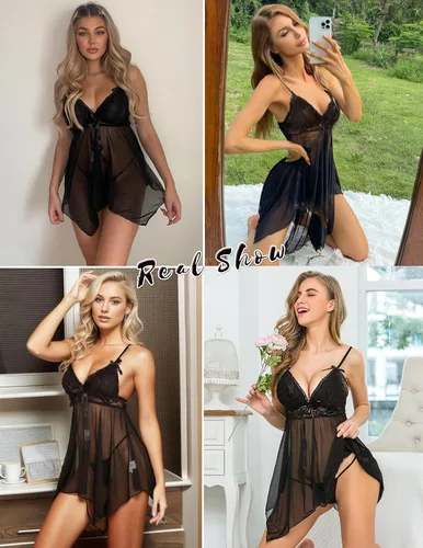 Vista 2 de Camisón Avidlove, lencería de encaje, babydoll, cuello en V, satinado, para mujer
