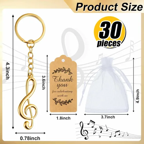 Vista 2 de Taiyin Juego de 15 llaveros de notas musicales con bolsas de organza, baratijas de metal g para decoración de recuerdos de fiesta de boda (dorado)