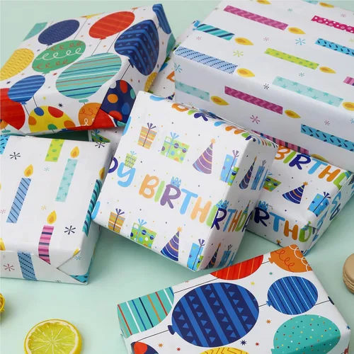 Vista 7 de BULKYTREE Papel de regalo de cumpleaños para niños, niñas, niños, hombres y mujeres, fiestas de vacaciones, 3 hojas grandes, globos