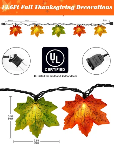 Vista 2 de Luces de Cadena de Otoño con Hojas de Arce, 13.6 Pies de Luces de Cadena para Exteriores Enchufables con 35 Bombillas de Hoja de Arce Multicolor