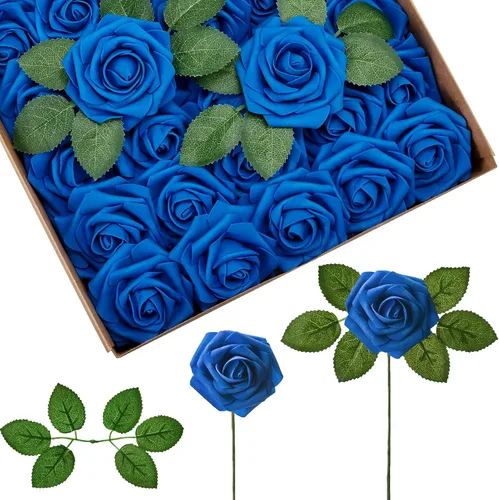 Vista 28 de InnoGear Flores artificiales, paquete de 50 unidades, rosas artificiales de espuma negras con tallos a granel para decoración, ramos de boda DIY