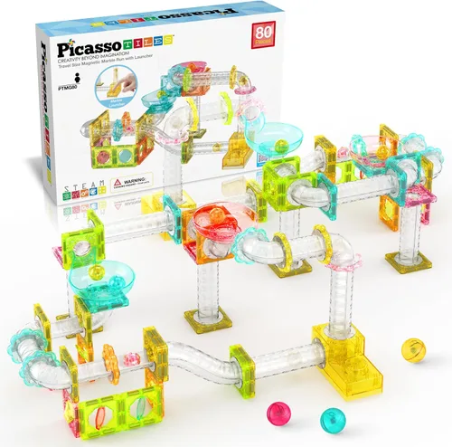 Vista 9 de PicassoTiles Carrera de Canicas Juego de 60 piezas, pista de carreras, bloques de construcción magnéticos, juguete educativo, kit de construcción