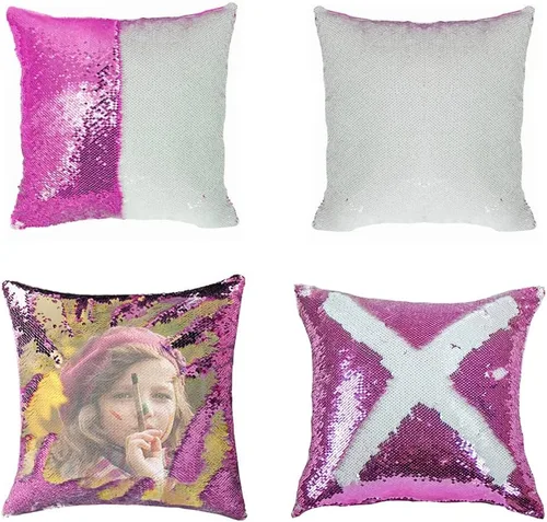 Vista 25 de Paquete de 2 fundas de almohada de lentejuelas sublimadas de 16 x 16 pulgadas, fundas de almohada reversibles con purpurina para regalos