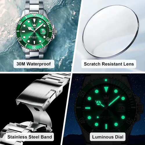 Vista 5 de OLEVS Reloj para hombre, esfera grande, dorado, plateado, acero inoxidable, analógico, de cuarzo, con fecha, bisel giratorio de lujo, impermeable