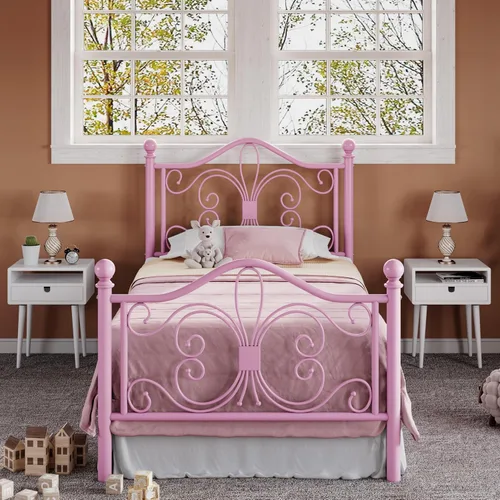Vista 12 de Allewie Marco de cama de tamaño individual para niños, marco de cama de metal con cabecero y piecero de diseño de patrón de mariposa, no necesita