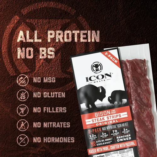 Vista 5 de ICON Meats - Tiras de carne seca de bisonte y carne de res, sabor original, 8 paquetes por caja, 2 tiras por paquete, aprobadas por el USDA, palitos