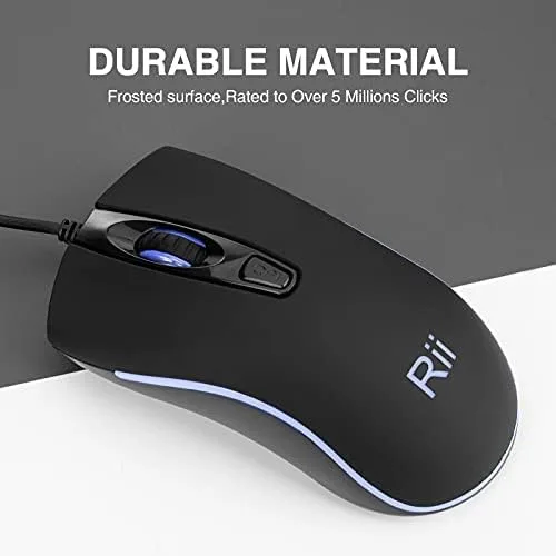 Vista 5 de Rii Ratón con cable, mouse USB RM105, mouse de oficina óptico LED azul de 1600 DPI para PC, computadora, laptop, escritorio, Windows (RM105 1 unidad)