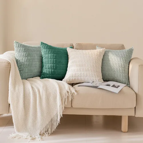 Vista 5 de Juego de 4 fundas de almohada decorativas de pana de 16 x 16 pulgadas, beige y verde Fundas de almohada suaves a rayas estilo bohemio moderno