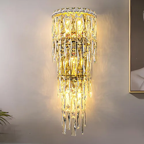 Vista 10 de Apliques de pared, modernos apliques de pared de cristal para interiores, lámpara de pared cromada de lujo, lámpara de pared K9 con gotas de cristal