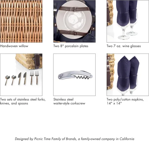 Vista 7 de PICNIC TIME Champion - Cesta de picnic para 2, romántica canasta de mimbre de madera de estilo inglés con servicio de lujo para 2, interior Negro