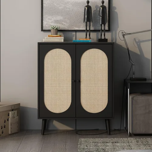 Vista 8 de Aparador de buffet, armario de almacenamiento de cocina con puertas decoradas de ratán, mesa de consola de 4 puertas, armarios de buffet